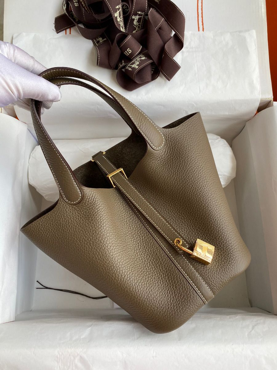 Hermes Picotin Lock 18 Handmade Bag in Taupe Clemence Leather - Image 2